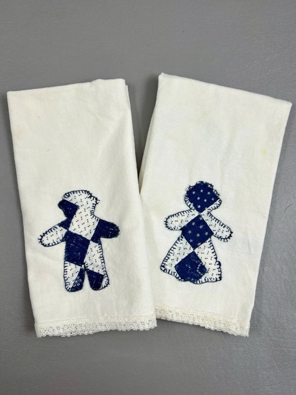 Primitive Handmade Applique Towels Set Rag Doll Boy Girl Blue White Lace Hem 15x